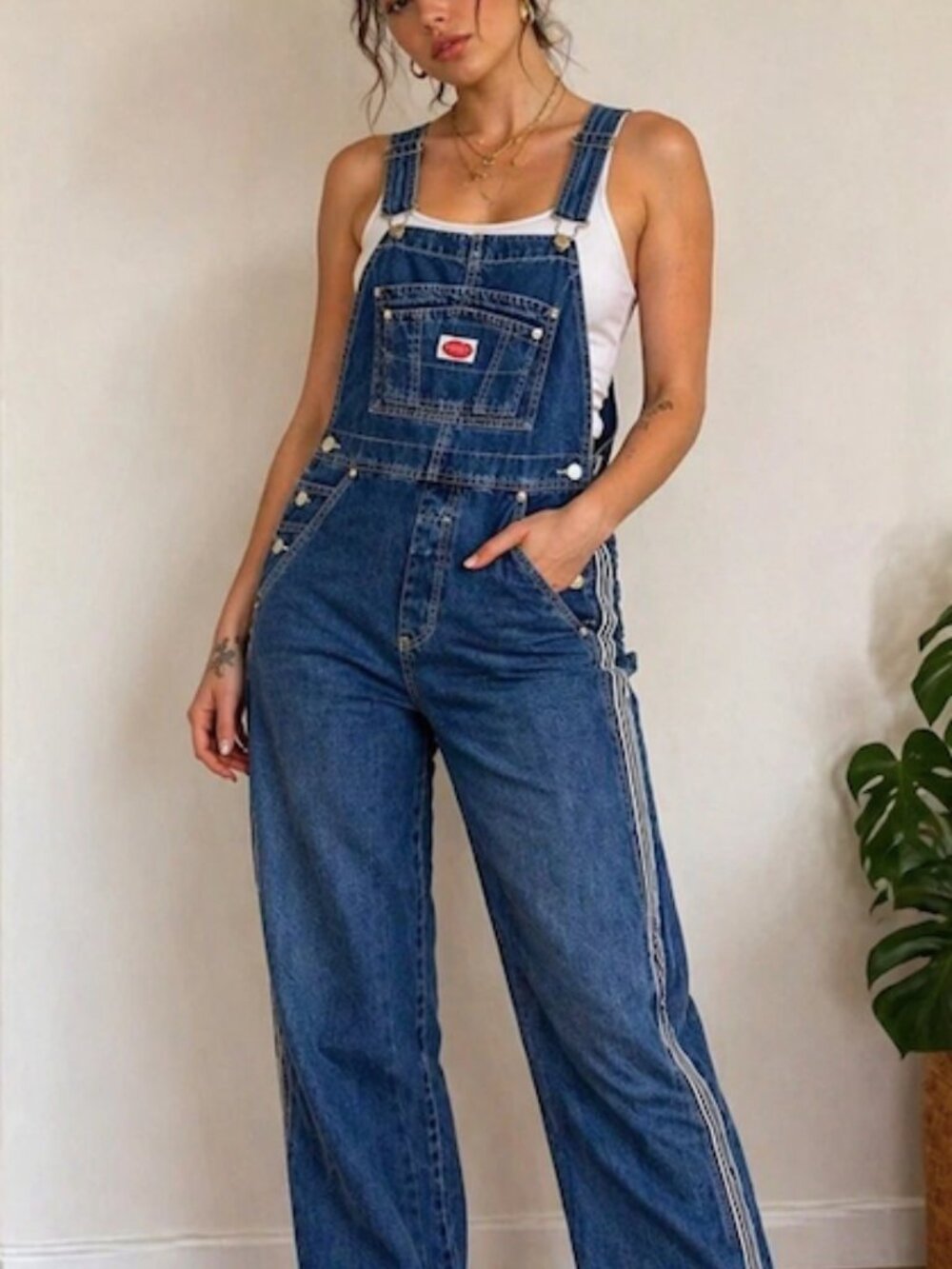 Vintage Revolt Denim Overalls Womens M Wide Leg Stripe Carpenter